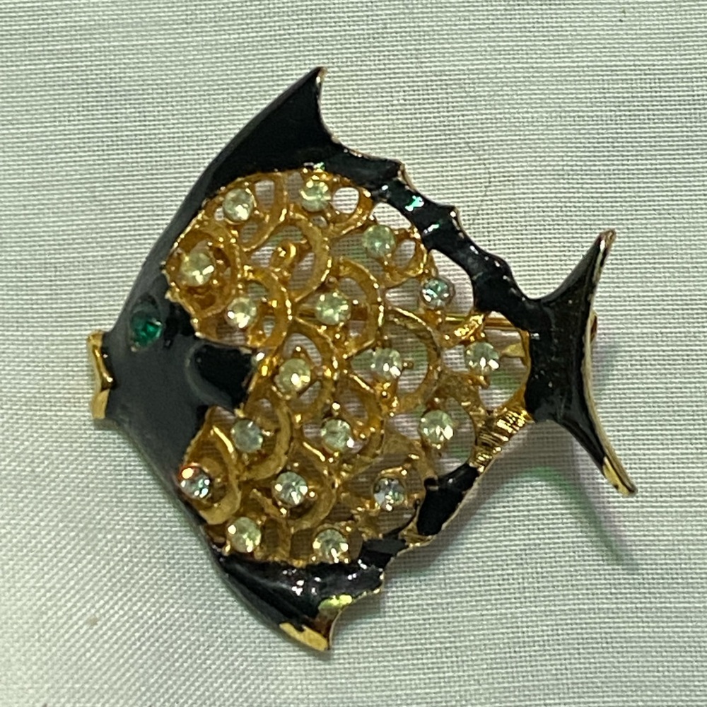 Gold and Black rhinestone Fish Brooch with green stone eye
